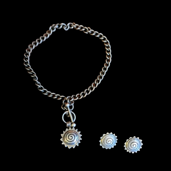 Heavy Navajo Begay Sterling Silver Choker Pendant Necklace Earrings Swirl Sun - Picture 1 of 9